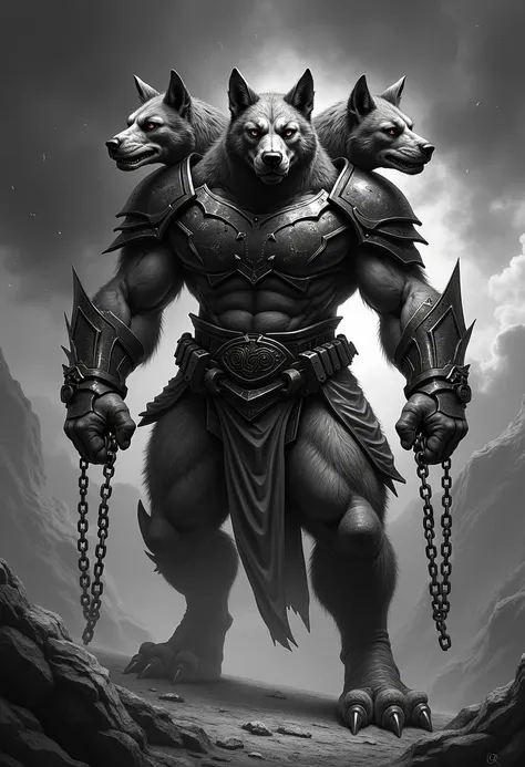 Highly detailed black and white illustration of a humanoid Cerberus, blending the body of a powerful, muscular dog with human-like posture and stance. The creature has three fierce heads, each with a unique expression of strength, loyalty, and guardianship...