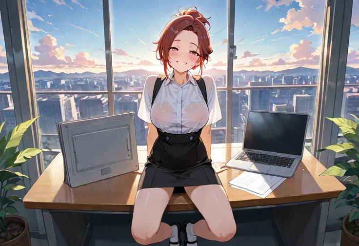 land scape, big summer sky, clouds, receptionist, window has city view, mountains, skyscrapers, round ecstasy face, blush, shame smile, worker clothes, see through lacy shirt with erect nipples, socks and shoes, hair up, plants, desks, laptops, documents, ...