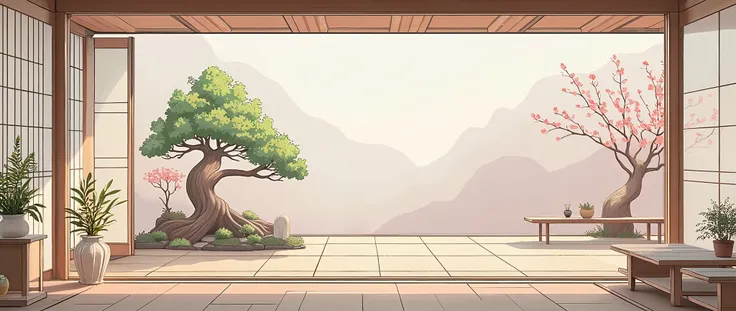 illustration in soft colors predominating , minimalism of a Japanese style living room with window to see the minimalist Japanese garden with bonsai trees, the stage evokes energy and elegance