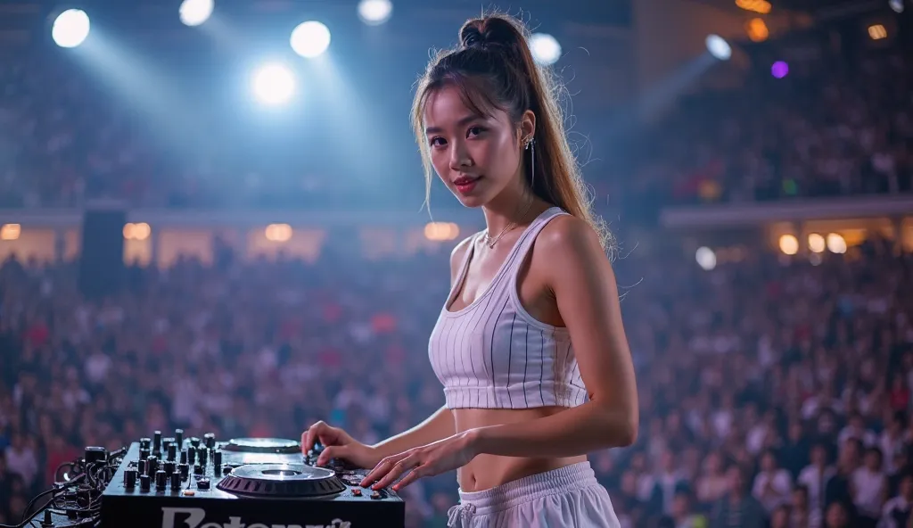 A beautiful Asian female DJ,Wearing a ponytail, and the curves , full breasts ,playing music on a modern DJ stage. She was wearing a stylish white striped vest, Paired with jogger pants of the same color,showing a sporty and confident style. She's standing...