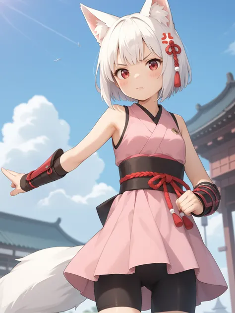 1 girl, Kitsu,  white hair, short hair,  fox ears, red eyes, Make 2 tail , black shorts, bike shorts, pink kimono, sleeveless, arm guards,

anger,  arm-crossed,

masterpiece, best quality,great quality, very aesthetic, Absard Dress, depth of field, blurry ...