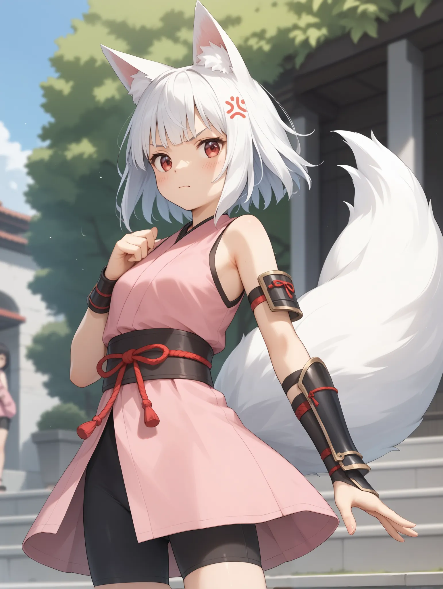 1 girl, Kitsu,  white hair, short hair,  fox ears, red eyes, Make 2 tail , black shorts, bike shorts, pink kimono, sleeveless, arm guards,

anger,  arm-crossed,

masterpiece, best quality,great quality, very aesthetic, Absard Dress, depth of field, blurry ...