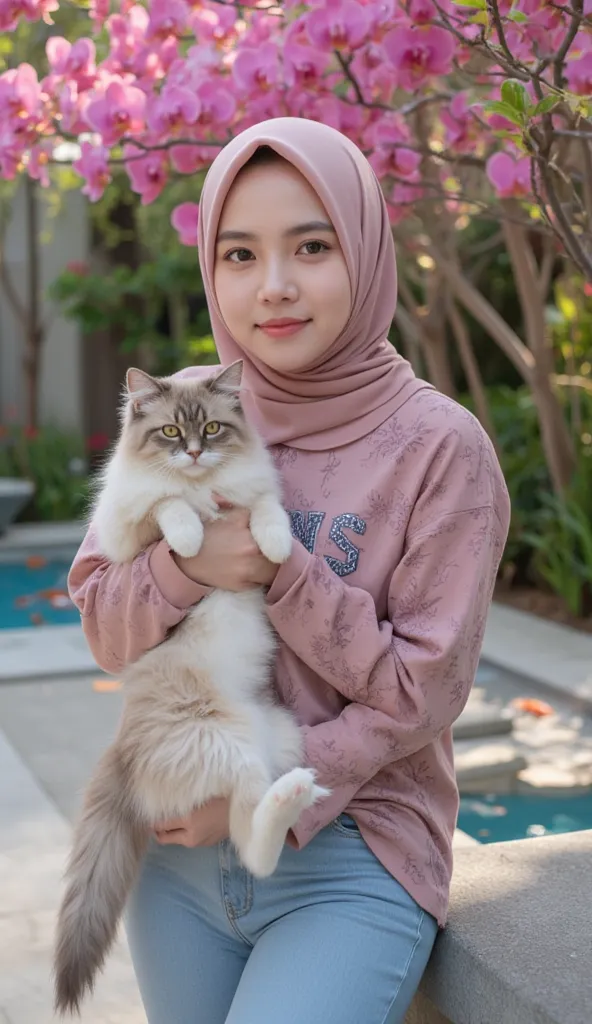 Young woman Hijab pink (ethnicity:Southeast Asian, age:1.1), smiling, holding a fluffy tabby-colored cat (breed:Ragdoll, detailed fur:1.2), standing on a light-gray stone ledge, facing the camera,  in a relaxed pose, light-blue denim jeans, dark pink patte...