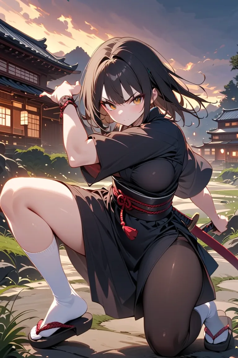 a beautiful samurai girl, long black hair, pale skin,  brown eyes, traditional samurai costume color White,  He is holding a katana with one hand, fighting pose,  face would be,  angry look,  average height,  Well defined body , well-defined hands and fing...