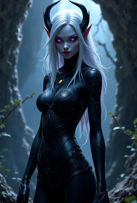 Drow dark elf, silver hair, purple eyes, jet-black skin, fierce beauty, Women, medium breasts