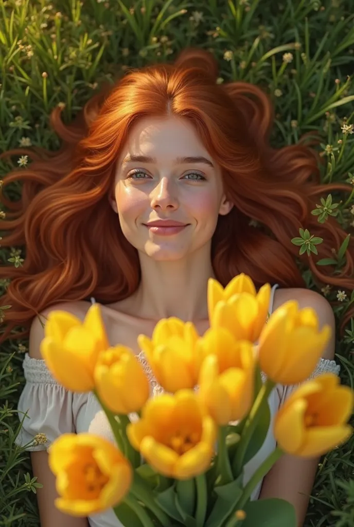 A beautiful red-haired girl 25-30 years old with red wavy long hair lies on green grass with a large bouquet of yellow tulips, top view , girl with open eyes and smiling