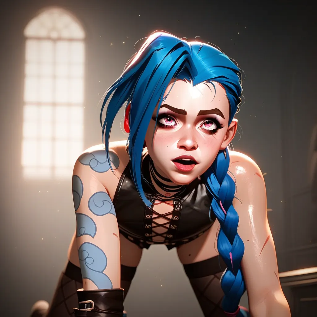 score_9,score_8_up, (masterpiece, best quality, perfect features, fine details, intricate details) (((perfect eyes))) (((5 fingers))), ((perfect hands)), ((perfect fingers)), perfect human legs, Jinx(Arcane),blue hair, braided hair, asymmetrical hair, pink...