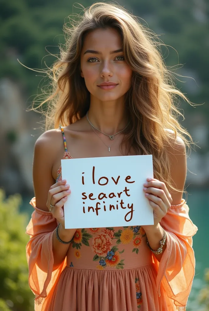 A beautiful woman with long wavy hair wearing a bohemian dress is holding a white sign that says: "I Love Seaart Infinity" And show it to the audience.