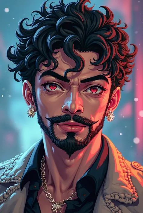 Create a young male character, with chiva beard, short Italian-type mustache,  thick eyebrows, sparkle earrings, very short curly hair, semi white skin. Jojo's Bizarre style