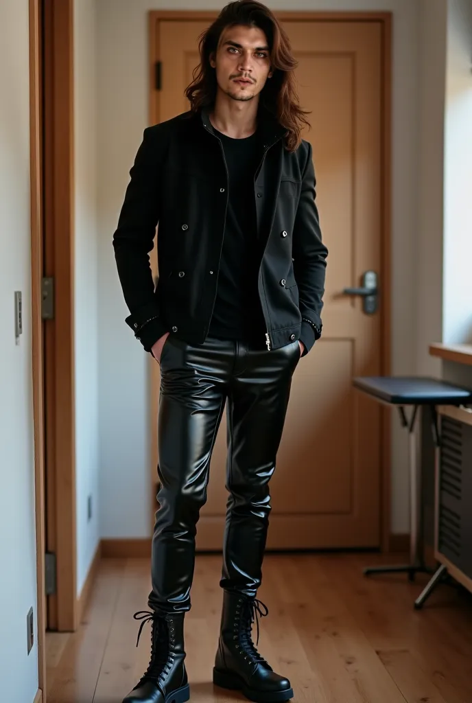 A man with long eared hair of Korean origin is in a part of his house his wardrobe a black jacket black military boots shiny black tight pants his body looks toned and he is handsome man and his body looks whole.    That the photo comes out extremely real,...