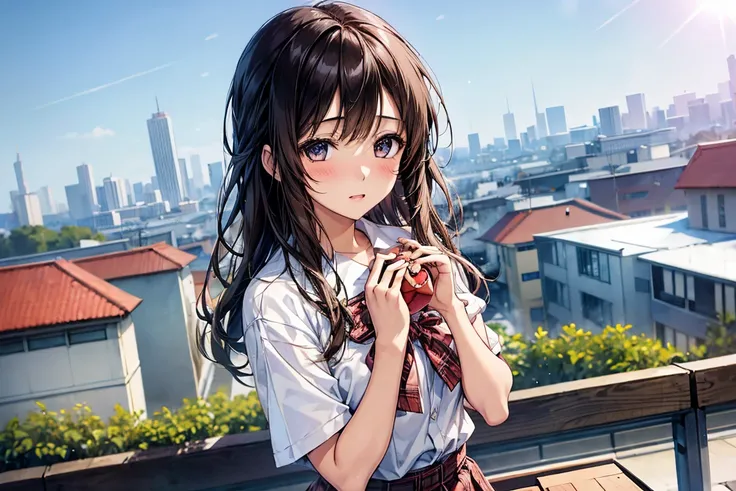 In the warm March sunshine、An 18-year-old girl with black hair on a school rooftop in a white school uniform in a plaid skirt、holding out the bento box with both hands。showing a heart-shaped rice ball while blushing with a shy expression、showing a bento bo...