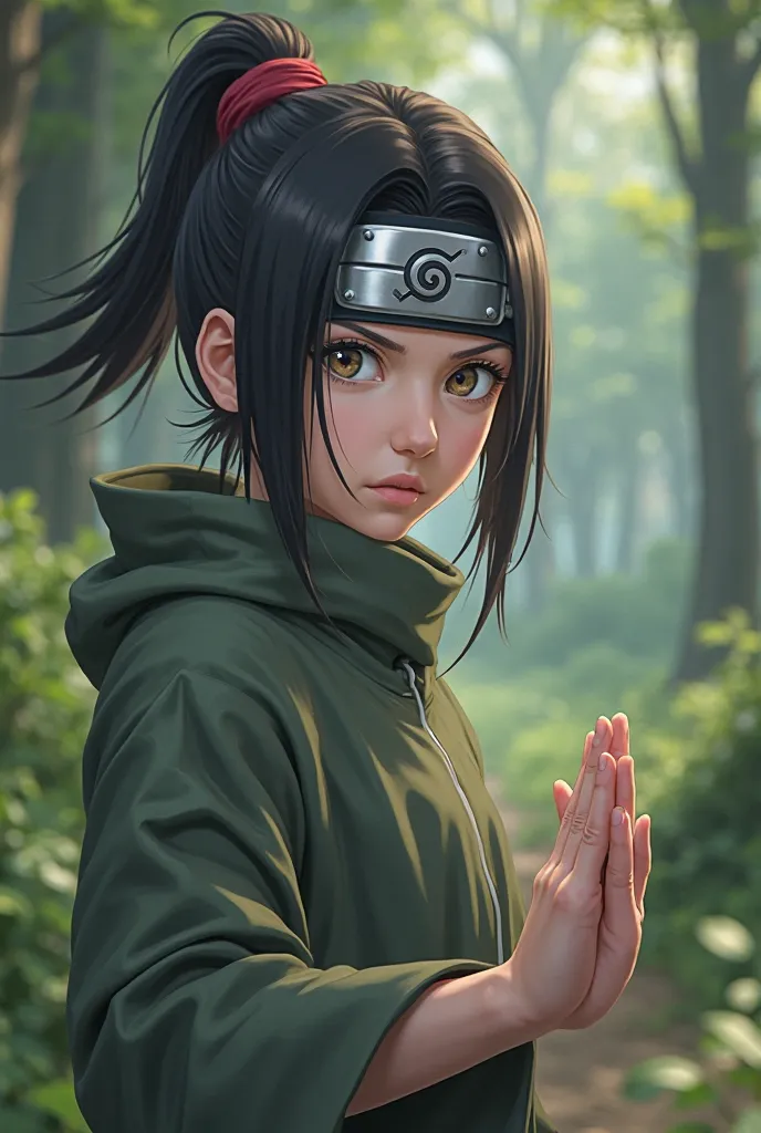 A 16-year-old woman wearing a konoha bandana on her head performing a jutsu with her hands  