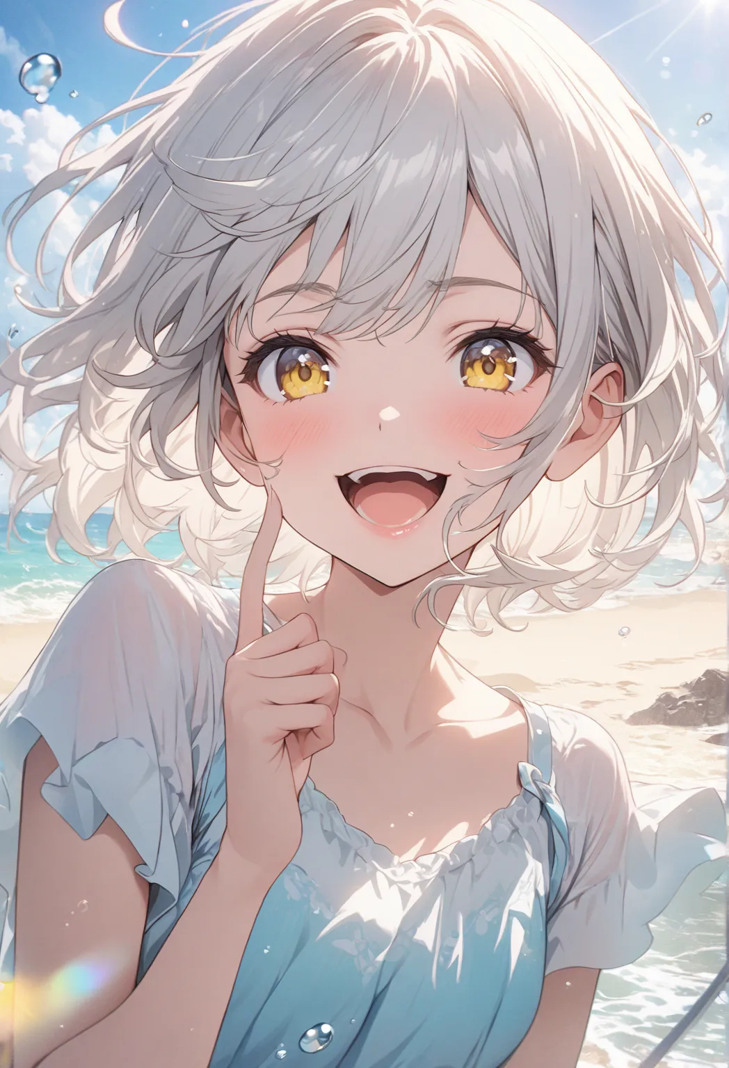 masterpiece, Top Quality, Highly Detailed CG Unity 8k Wallpaper, animated illustration of a high school girl. Attractive Poses、is opening its mouth, smile.  The background is a pastel-colored landscape, White hair color, yellow eyes、cute、beautiful、beautifu...