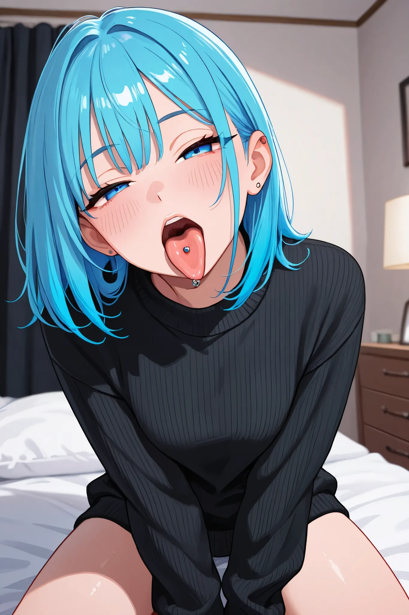 1girl, neon blue hair, medium length hair, tongue out, open mouth, black sweater, bedroom, half closed eyes, looking at viewer, tongue piercing, blue eyes, blush, 