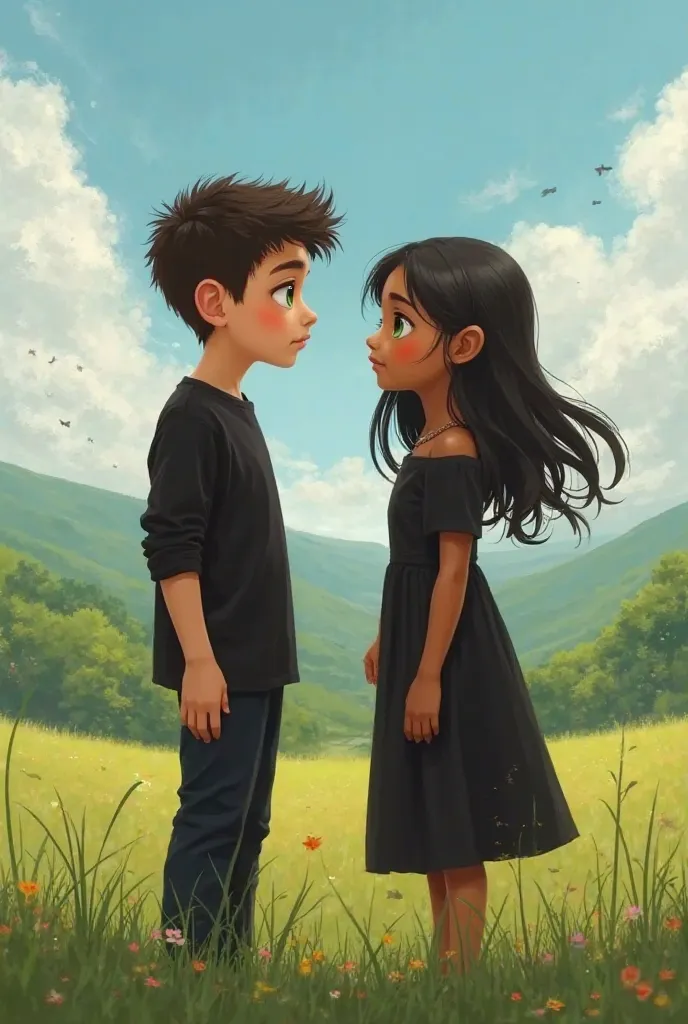 Image of a white-skinned boy with green eyes and a light-brown-skinned girl with slanted eyes both dressed in black on a field 