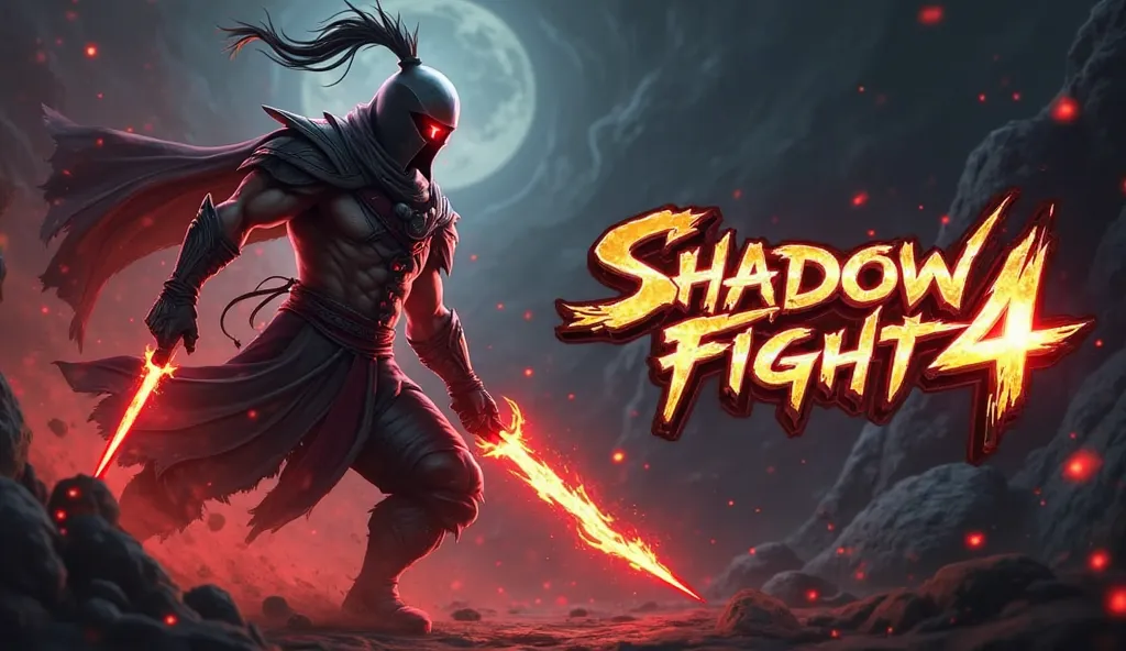 "Create a high-energy thumbnail for a video about Shadow Fight 4 MOD APK (Unlimited Everything & Max Level). The image should feature a powerful shadow warrior in an epic battle stance, glowing weapons, and a dark, mystical background. Add bold, eye-catchi...