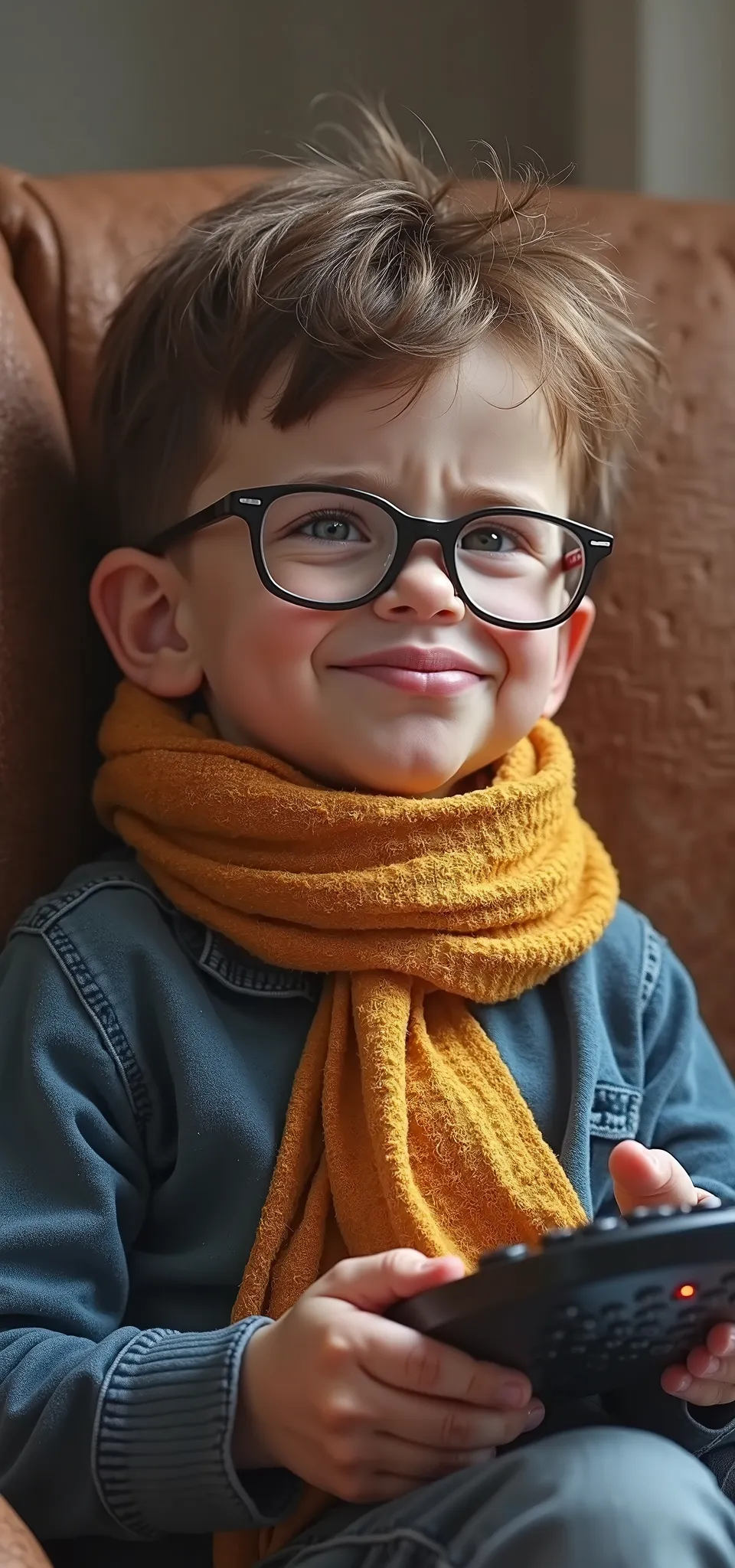 there is a Scarf wears glasses his hair is brown and white skin with a very little beard sitting in a chair with a remote, a picture by Alexander Brook, dribble contest winner, process art, he has a devastated expression, 4yr old, such disappointment, giga...