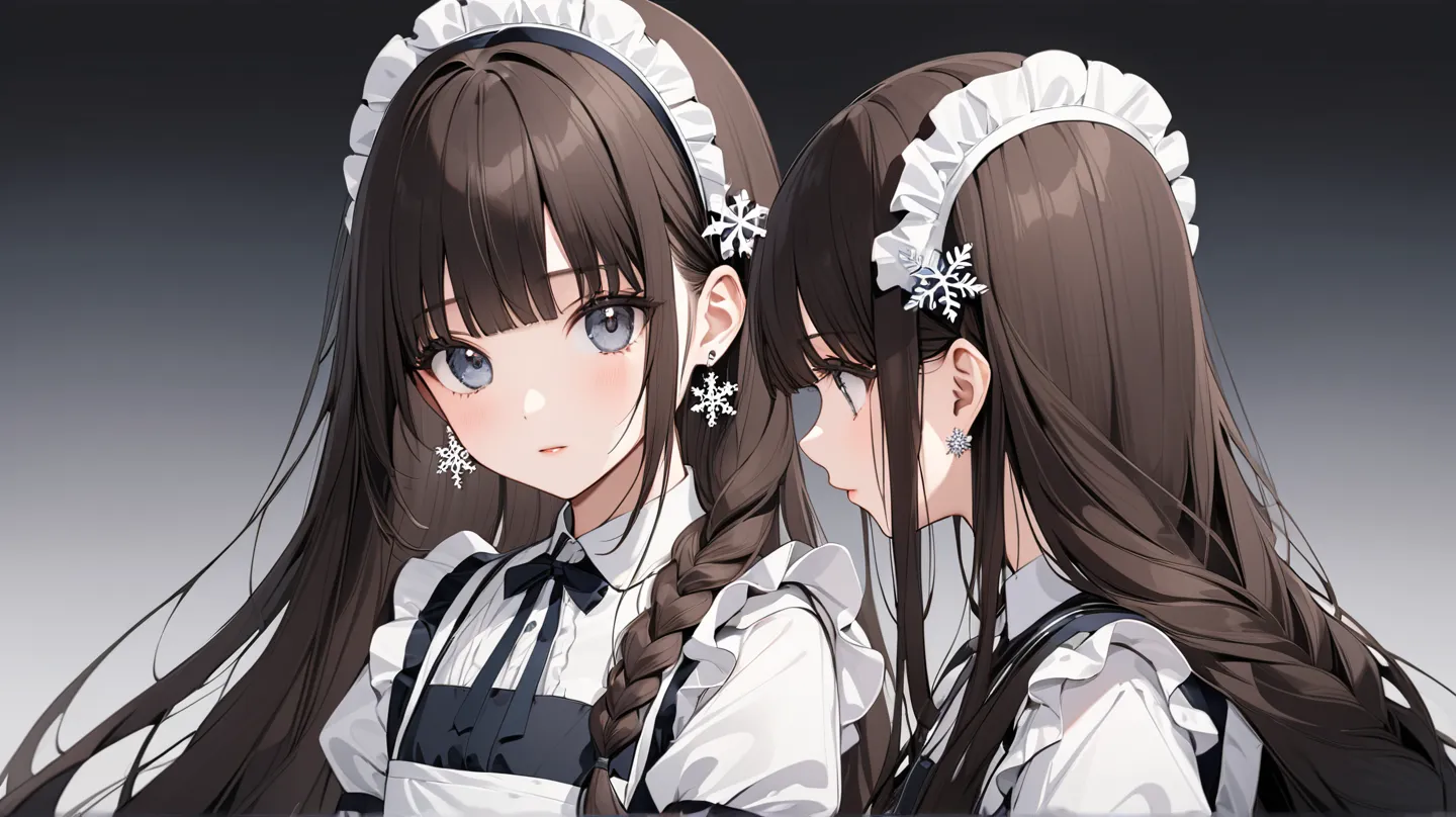 4k , 8k , (landscape style) ,  (only 1 female)  (long straight black brown hair with full bangs dark blue grey eyes), part of long braid hair , ((very long hair)) , wear small snowflake white earrings , no background , simple background , wearing maid outf...