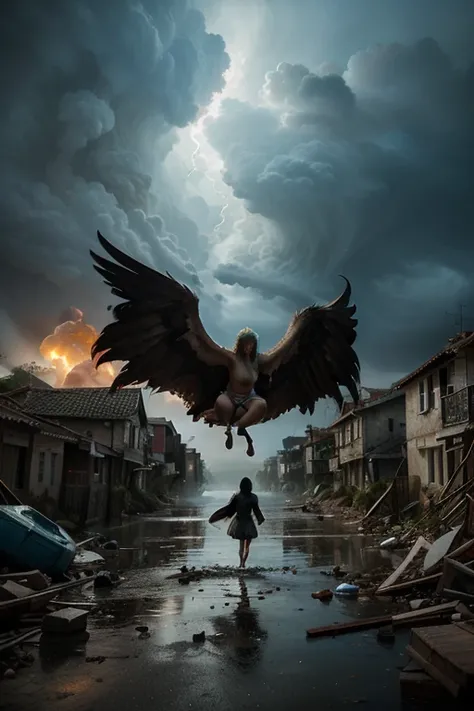 Picture a dramatic scene depicting a harpy descending on a coastal village bringing a storm of destruction and chaos while villagers flee in fear. make this image more realistic