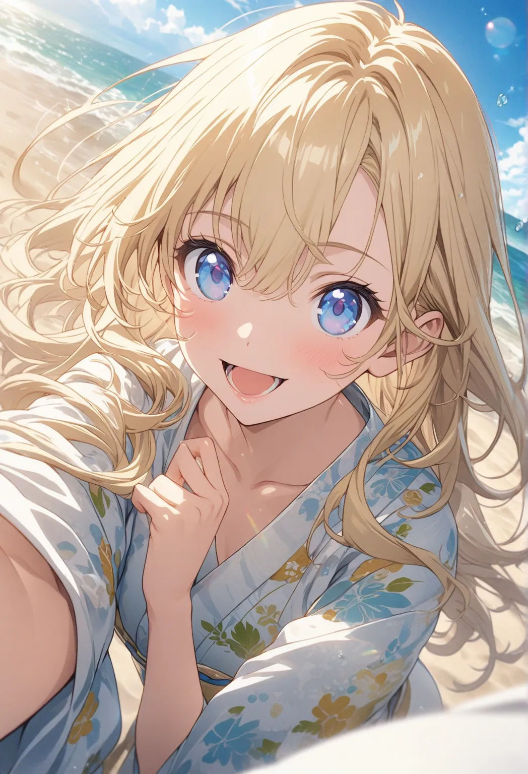 masterpiece, Top Quality, Highly Detailed CG Unity 8k Wallpaper, 20 year old girl anime illustration. Attractive Poses、Close your eyes、is opening its mouth, smile.  The background is a pastel-colored landscape,  Blonde Color ,long hair caught in a hole、hai...