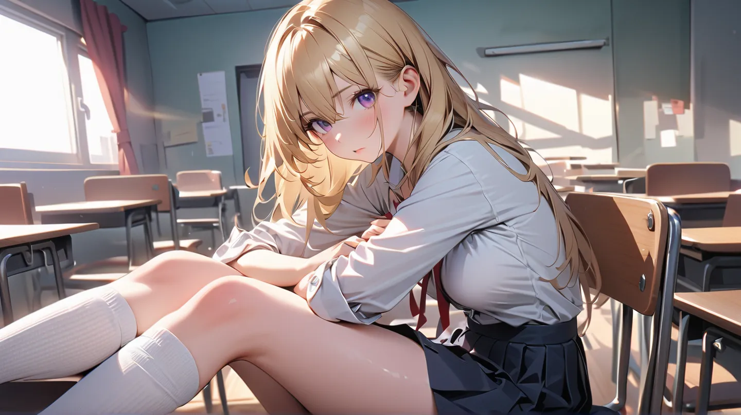 1 girl, alone, solo,
((Top Quality、High Resolution、 highly detailed 8k wallpaper))

purple eyes, long hair,blonde hair,medium boobs,Hair between the eyes,

wearing socks while sitting。wearing white blouse and navy pleated skirt、High School Girl in uniform ...