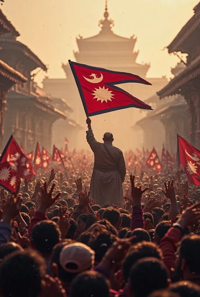 “Create a dramatic and realistic scene of former Nepali King Gyanendra returning to claim his throne, surrounded by a massive crowd of Nepali citizens showing their support. The Nepali flag is prominently displayed, waving in the air. The atmosphere is int...