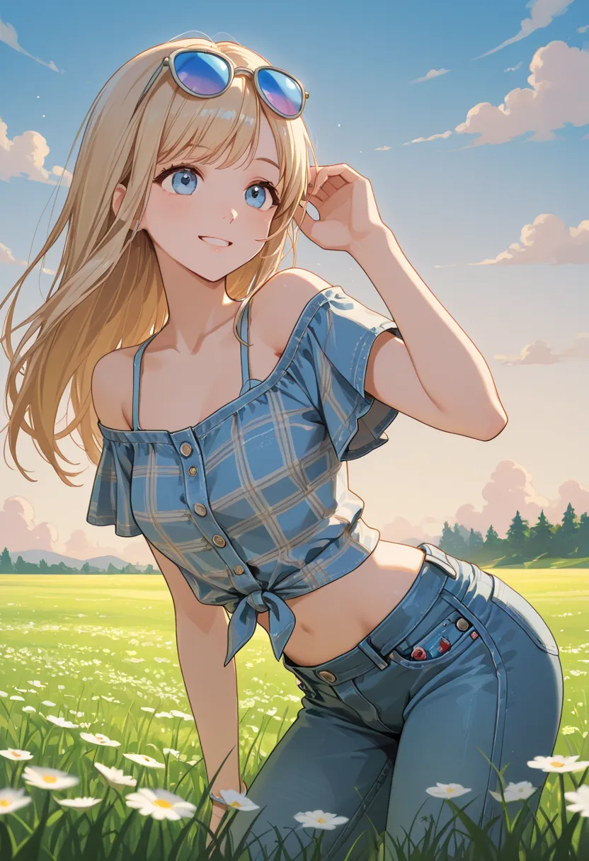 girl,meadow,summer sky,denim fashion,fresh”.