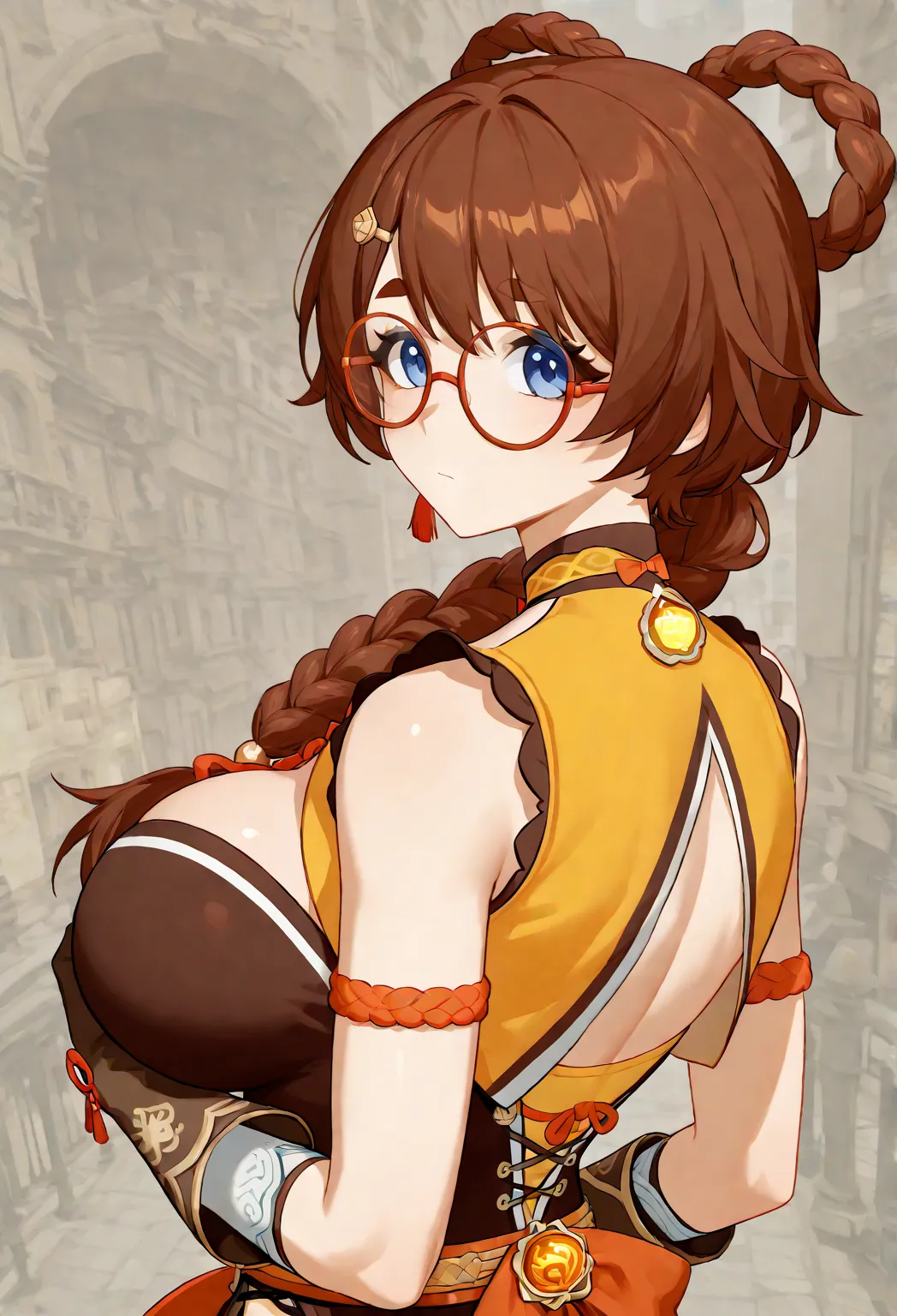 Anime cute young Woman with brown hair in a short braided ponytail over shoulder, with blue eyes, with glasses, in genshin impact xiangling’s clothes, with brown full gloves, with large chest, with large curved buttocks, top body portrait, with back turned...