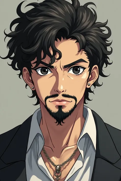 Create a young male character, with chiva beard, short mustache,  thick eyebrows, small earrings,  very curly hair, with very short hair , black eyes, semi white skin. Exact style to the anime JoJo's Bizarre