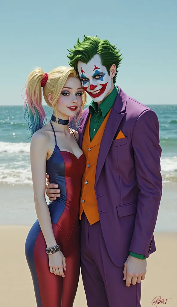 Two characters stand on the beach with the ocean in the background. The male characters have green hair, white skin, and a painted face with a red smile and blue eye makeup, dressed in a purple suit with an orange vest and a green shirt like the famous jok...