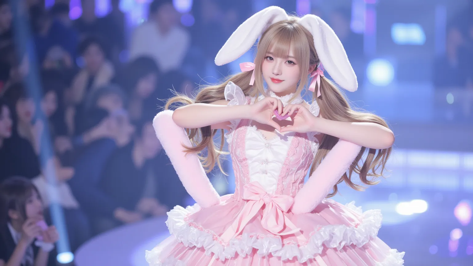 It has big white rabbit ears、idol girl with big white rabbit ears。idol costume with pink twin tails and lots of frills、posing on a sparkling stage。holding a heart-shaped microphone in her hand、winking at fans。