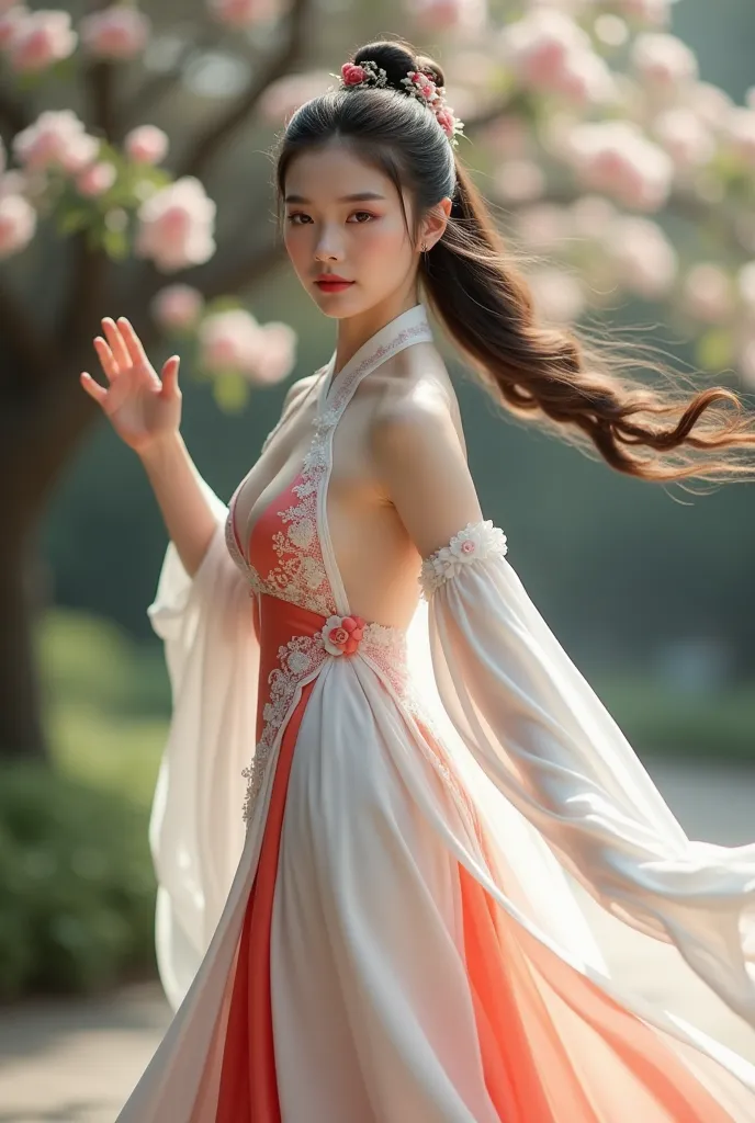 ( Face and thighs ), (1 girl, dancing:1.5), light makeup ( Image of a person wearing a modern Hanfu costume to bare chest, dancing), (big breasts, very sagging breasts, very hangging breasts:1.5) (standing, slim waist, slim body, full body:1.5) "Combines t...