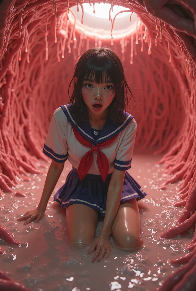 Realistic wearing a Japanese schoolgirl's sailor dress, short skirt, wearing socks and shoes, a Japanese student in shock, screaming, opening her mouth, sitting curled up, raising her knees, (Kneeling, bending, sexy) Her body is full of mucus, she staggers...