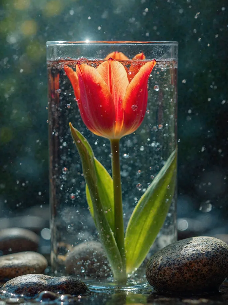 The tulip grows under water, there's light around ,  (((shooting through glass with water stones))), стиль National geographic, rim lighting