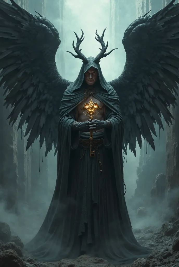 A mysterious and imposing figure with dark, shadowy wings, holding a large key. Abadón stands at the entrance of a deep, ominous abyss, surrounded by swirling dark mist. His expression is stern, as he prepares to bind the forces of evil, the key glowing in...