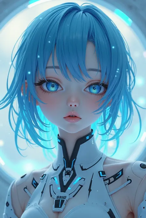 An android girl with blue eyes and blue hair. anime style. 