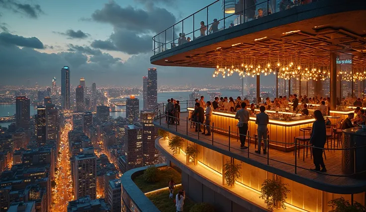 A rooftop wine bar with futuristic architecture, bar counter, signs, stage with laser lights, bustling with fashionable guests, above is the glass railing, below the building is the glossy glass wall, the sky is full of stars, surrounded by sparkling city ...