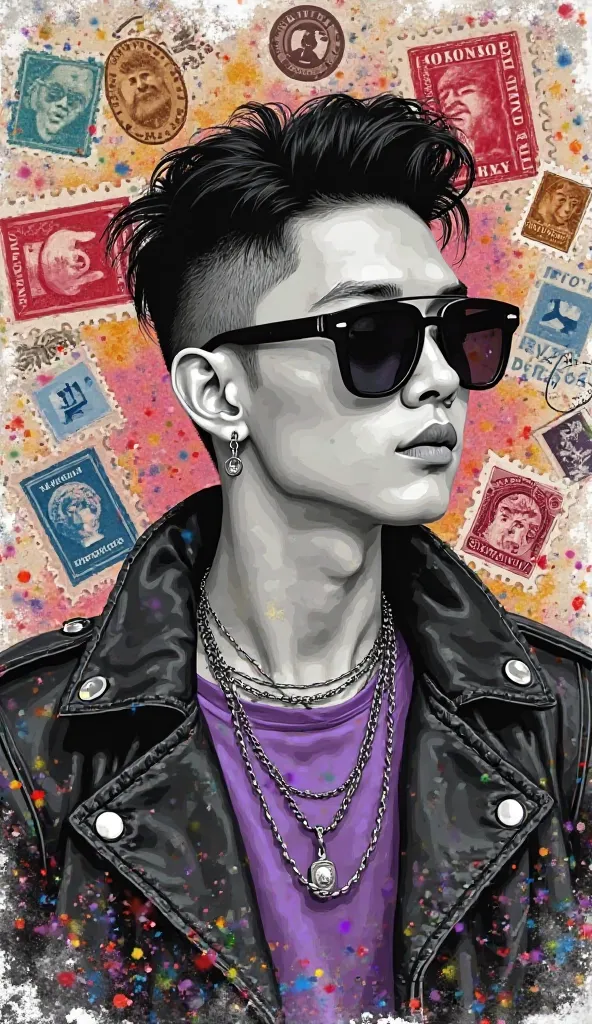 professional real photo realistic A charming monochromatic illustration shows a 22-year-old young Korean man inspired by grunge style emerging from brightly colored stamps, adding a surreal element to the scene. The man, wearing a purple t-shirt, layered n...