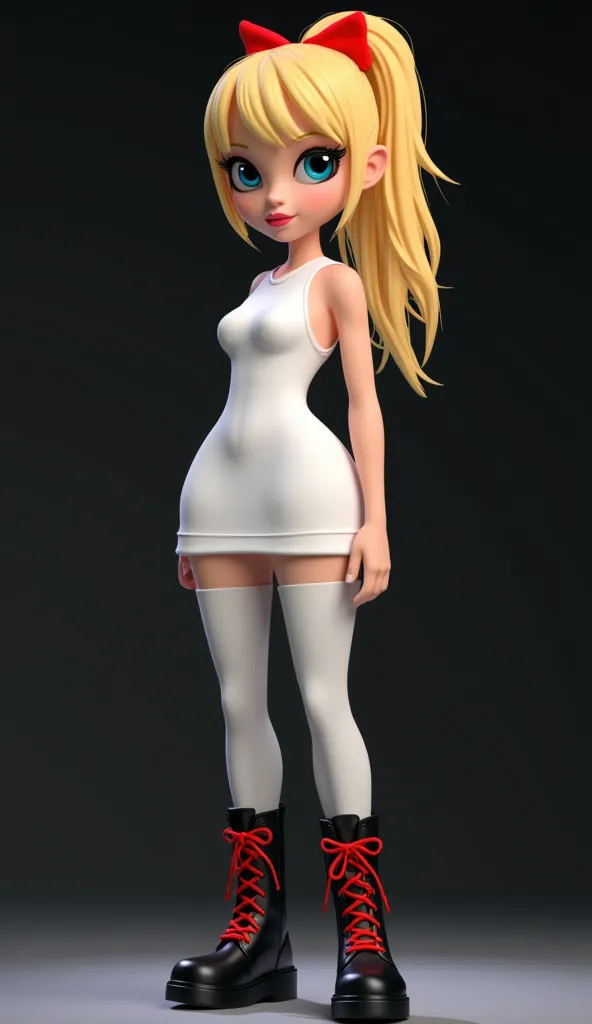 The stylish 3D character of a young woman in the T. She has blond hair with a red ribbon, bang tied to a, and a straight. She is wearing a simple white sleeveless dress and white thigh high stockings. Her shoes consists of black army boots with bright red ...