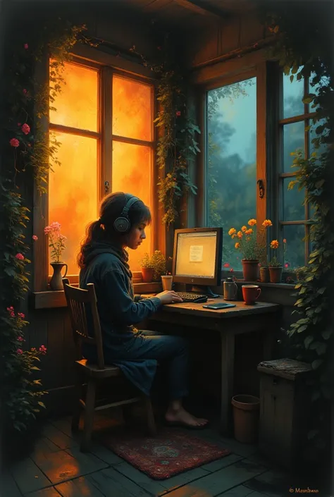 " creating a nostalgic scene featuring Miyazaki Hayunpu's black woman.  while listening to music 、 working on the computer .  the girl writes in front of the computer .  Next door is a cup of coffee  ,  cup .  The girl is in a cafe and 、Outside the window,...