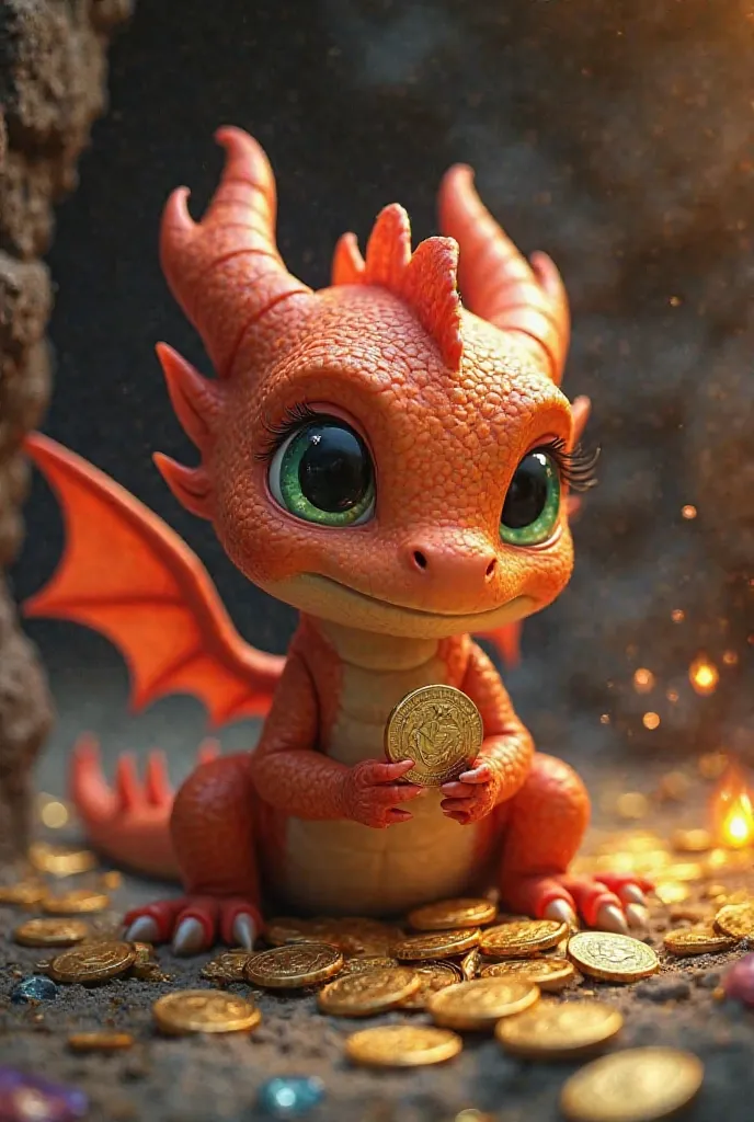 An ultra-realistic close-up of a cute, chubby baby dragon sitting atop a pile of shiny gold coins inside a dimly lit treasure cave. Its large, expressive eyes sparkle with curiosity as it playfully holds a single coin in its tiny claws. Its smooth, colorfu...