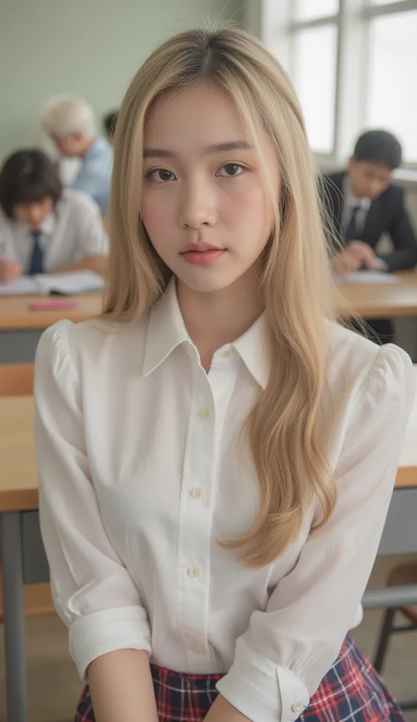 best quality, 8k, very delicate and beautiful, highly detailed face and skin texture, shiny skin, high resolution, cute blond long hair, girl in white shirt and short plaid skirt at a classroom with large round breasts, looking at viewer, full body, sharp ...