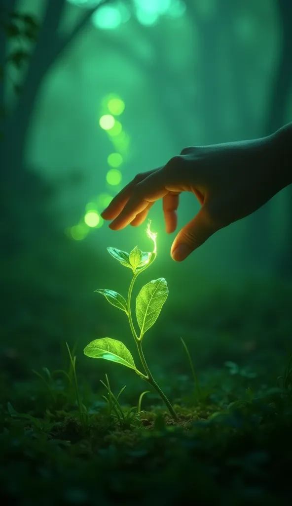 Create a Disney Pixar-style medium shot of Zara’s hand brushing a luminous vine. The vine is placed in the foreground, reacting to her touch with a ripple of light. The perspective is intimate, with dramatic emerald backlighting. The mood is curious. The b...