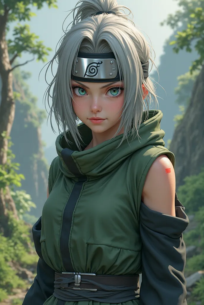 A 16-year-old woman with a Konoha bandana on her head and greyish hair