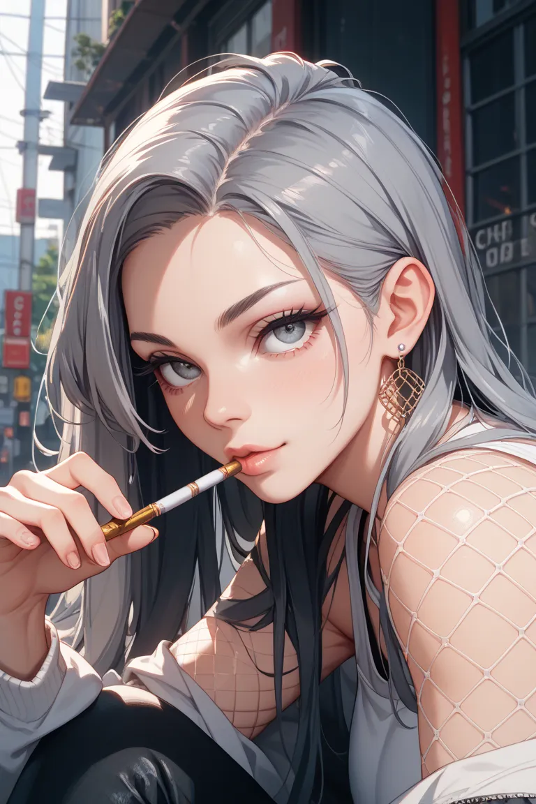 Gray Hair　Black hair mesh、hanging eye、Narrow your eyes、 cigarettes