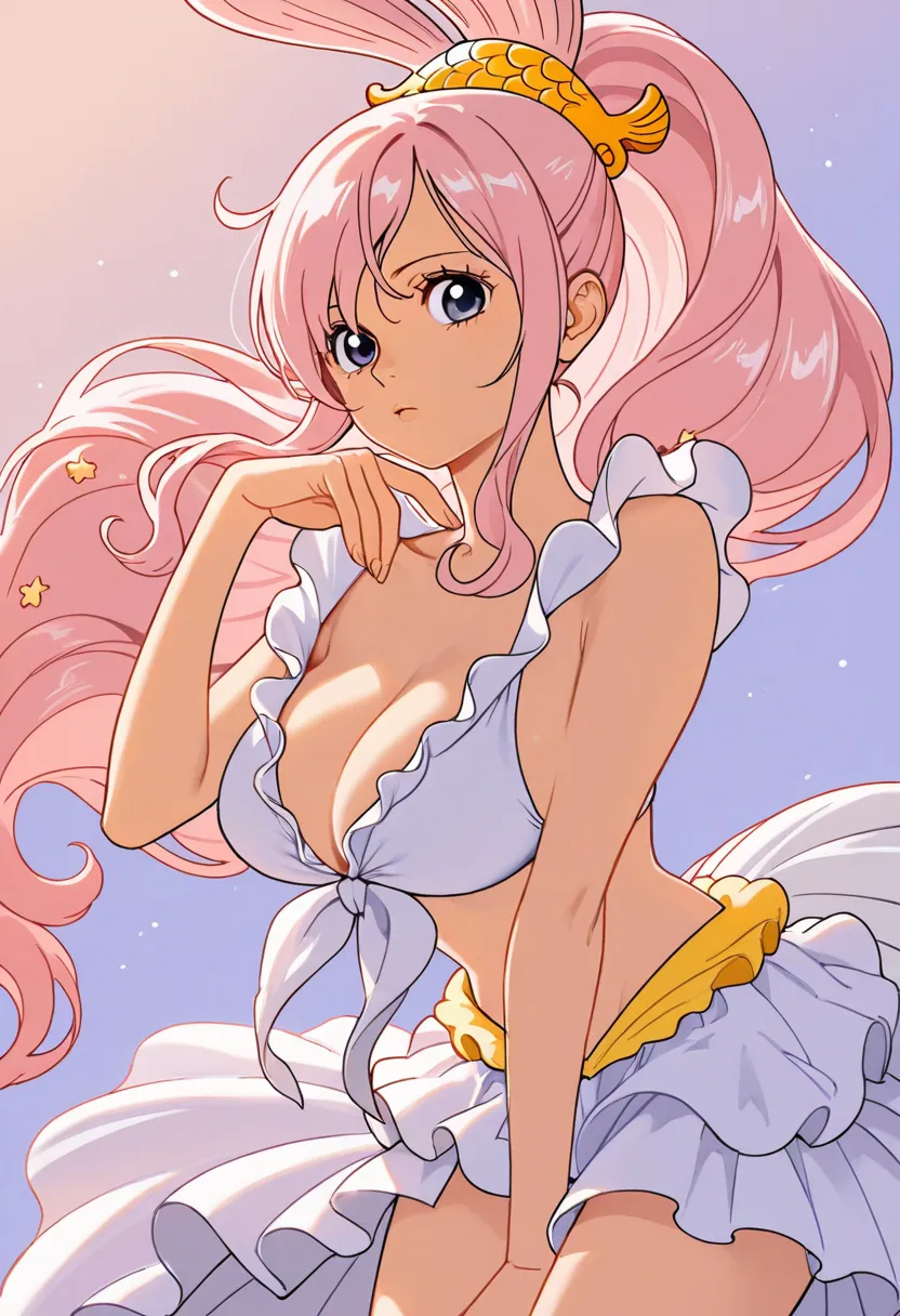 Generate a One Piece style Oc That Has Hair similar to Hirahoshi with the color of light pink hair,her eyes are purple with a red gradient and a star in the center,that she is a beautiful and voluptuous 16-year-old girl with big breasts who is wearing a wh...