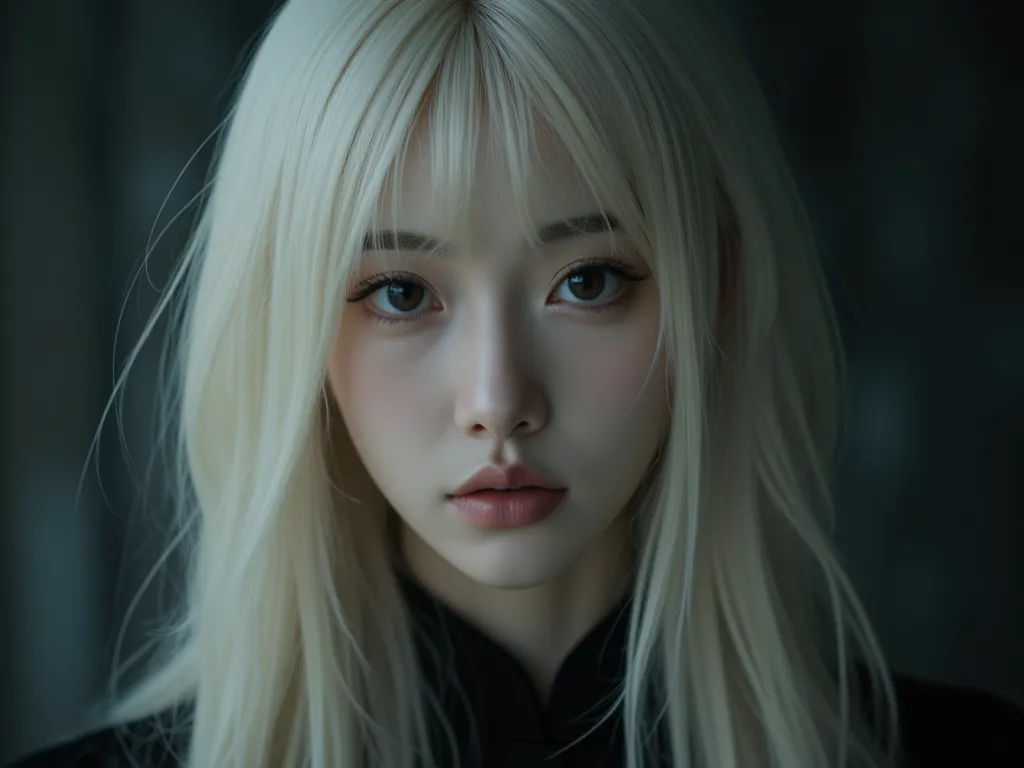 A kpop girl, Chinese, long platinum blonde hair, curtain bangs, dark brown eyes, plump lips, big eyes, pretty, 19 years old, kind of looks like Kim Jennie, NO BANGS, witch, movie like, K-pop music video like, a witch, dark , realistic, very realistic 