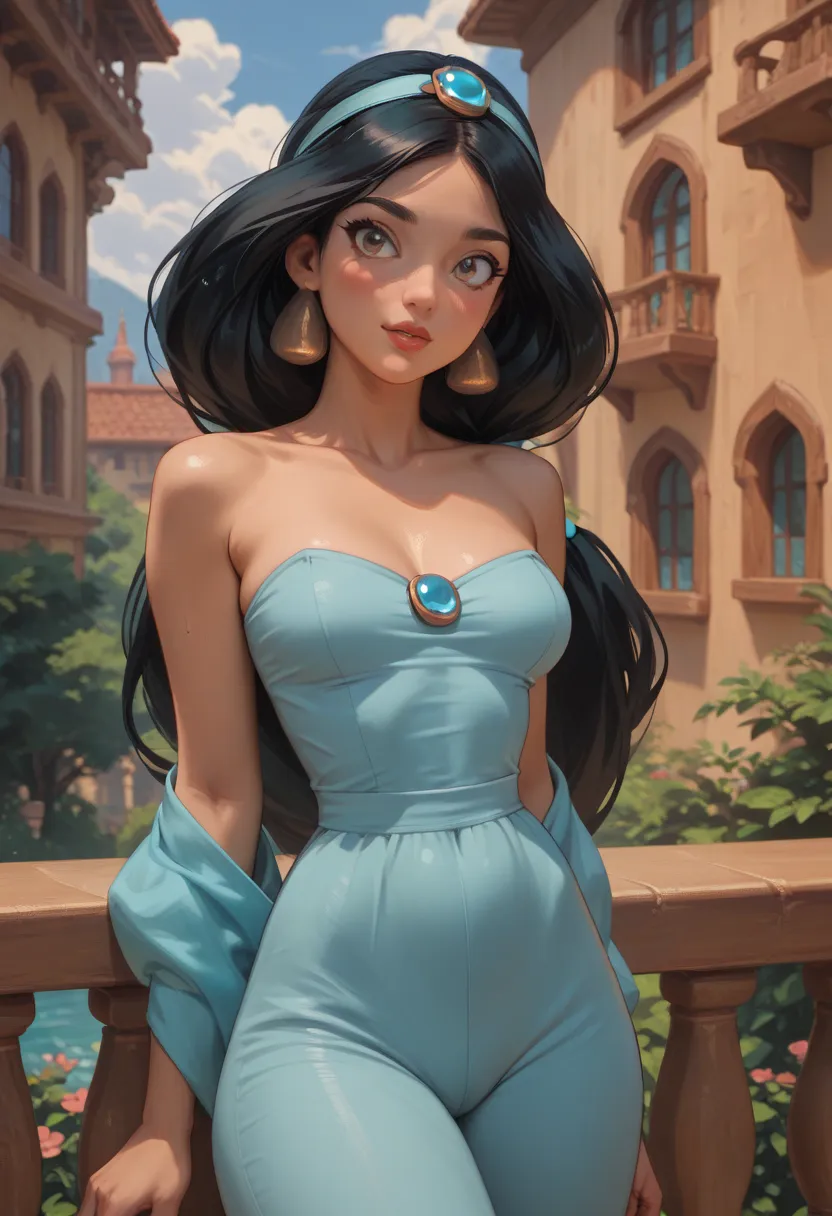 Princess Jasmine, hot and sexy woman having full boobies and thick thighs, curvy body, slim waist, black hair, accessory on her hair, fully clothed, she leans with her elbow on a wall of a balcony, close view on her face