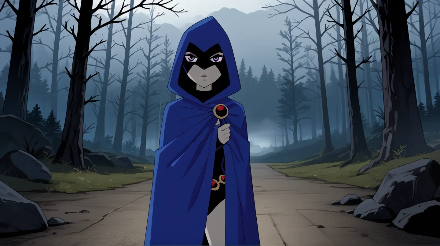 1girl, solo, raven (dc), purple eyes,grey skin, blue cape covered body, long blue cape, cape reaches the ground, standing, night, fog, forest, wind, hood covered head, Looking at viewer, High Resolution, Best Quality, Masterpiece, cape POV, Multiple Views,...