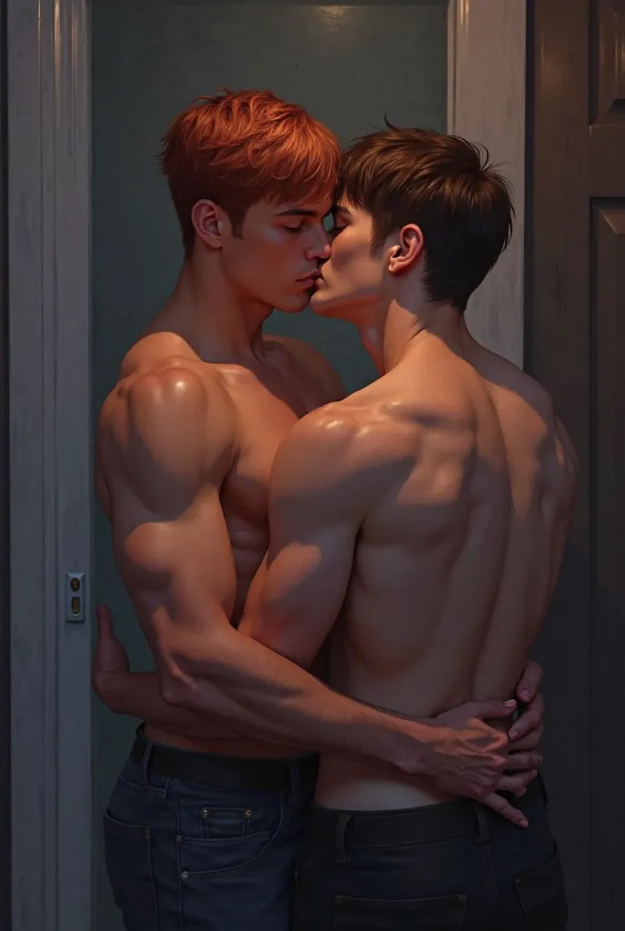 Redheaded man natural, Handsome and 22 year old, short straight hair with bangs and muscular body, kissing a 17-year-old age man, brown hair, short flat with fringe in a realistic dark room